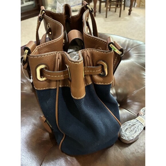 MICHAEL KORS MARINA HANDBAG LARGE NAVY BLUE BROWN CANVAS BROWN TRIM NWT - Picture 4 of 9